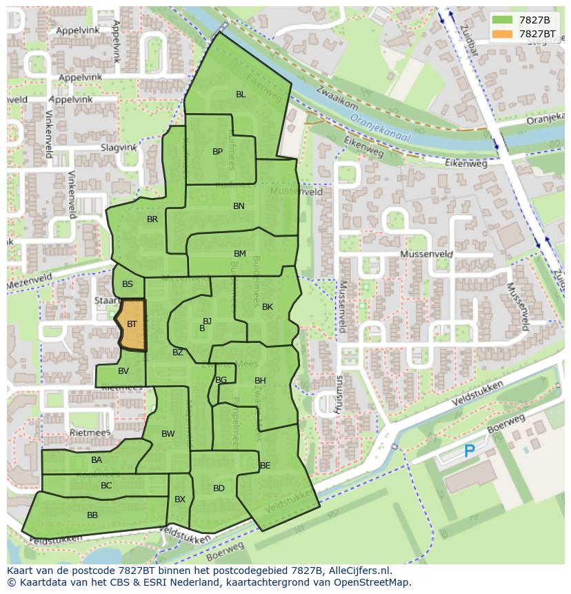Afbeelding van het postcodegebied 7827 BT op de kaart.