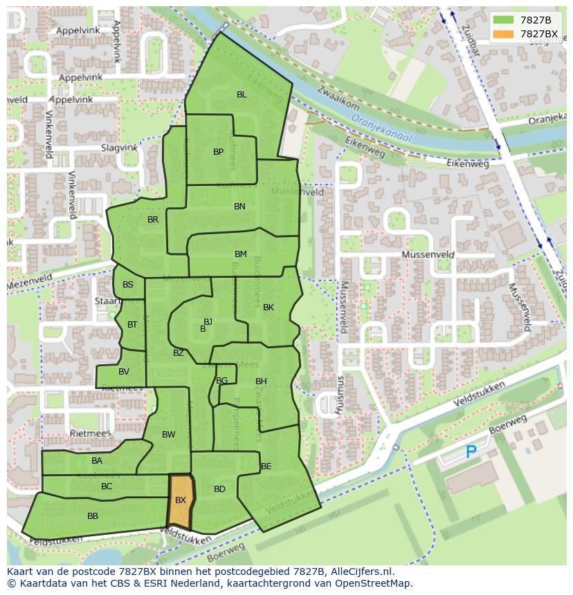 Afbeelding van het postcodegebied 7827 BX op de kaart.