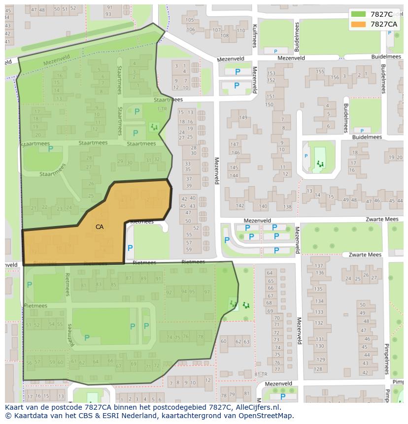 Afbeelding van het postcodegebied 7827 CA op de kaart.