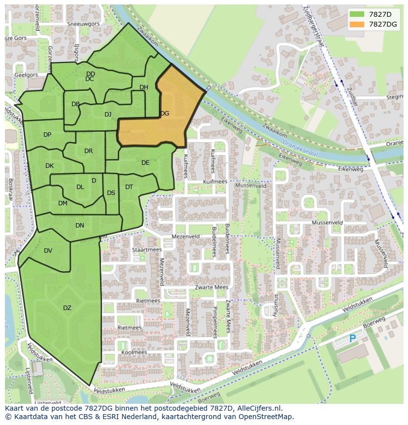 Afbeelding van het postcodegebied 7827 DG op de kaart.