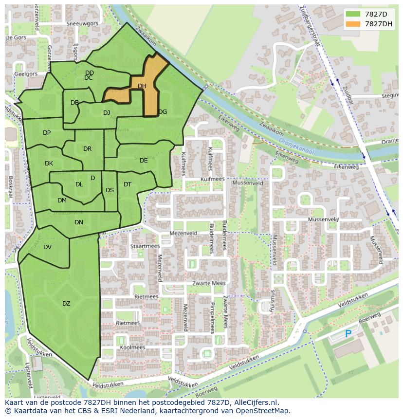 Afbeelding van het postcodegebied 7827 DH op de kaart.