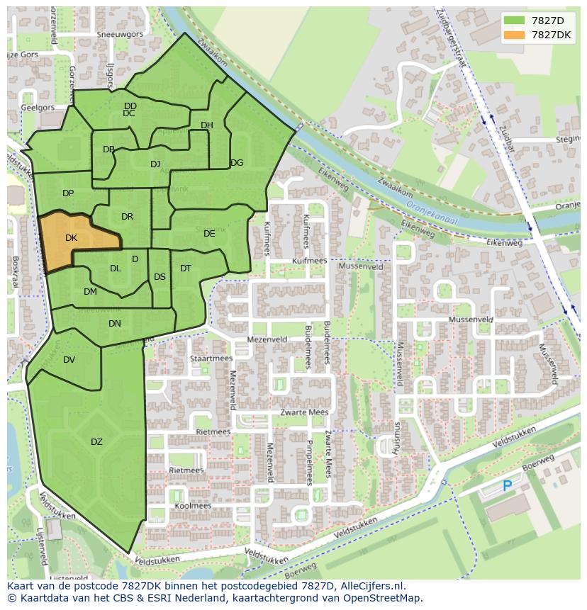 Afbeelding van het postcodegebied 7827 DK op de kaart.