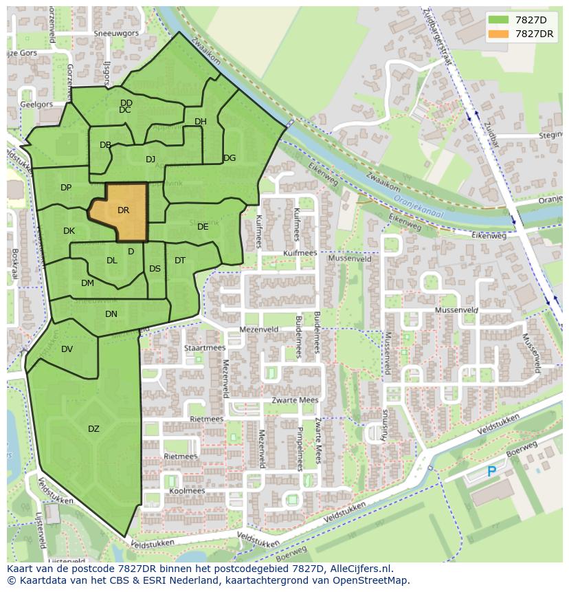 Afbeelding van het postcodegebied 7827 DR op de kaart.
