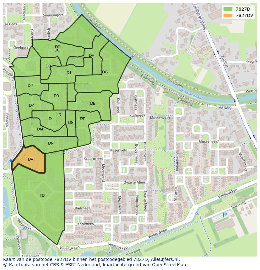 Afbeelding van het postcodegebied 7827 DV op de kaart.