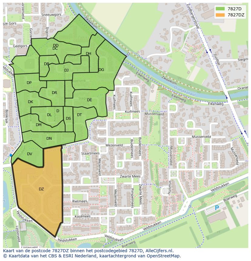Afbeelding van het postcodegebied 7827 DZ op de kaart.