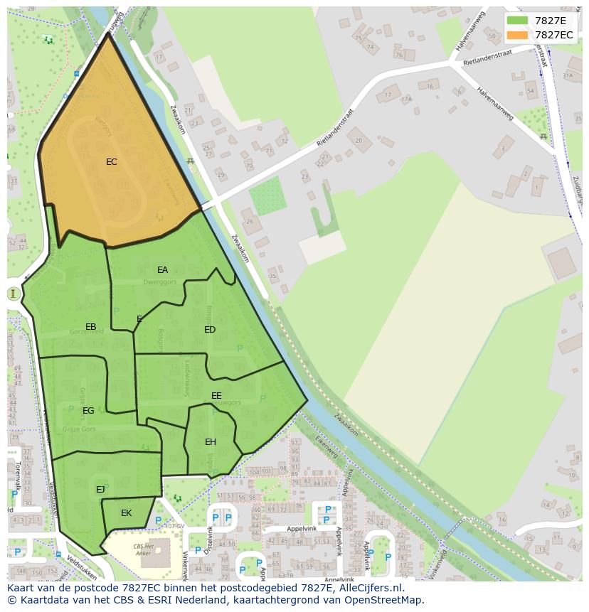 Afbeelding van het postcodegebied 7827 EC op de kaart.