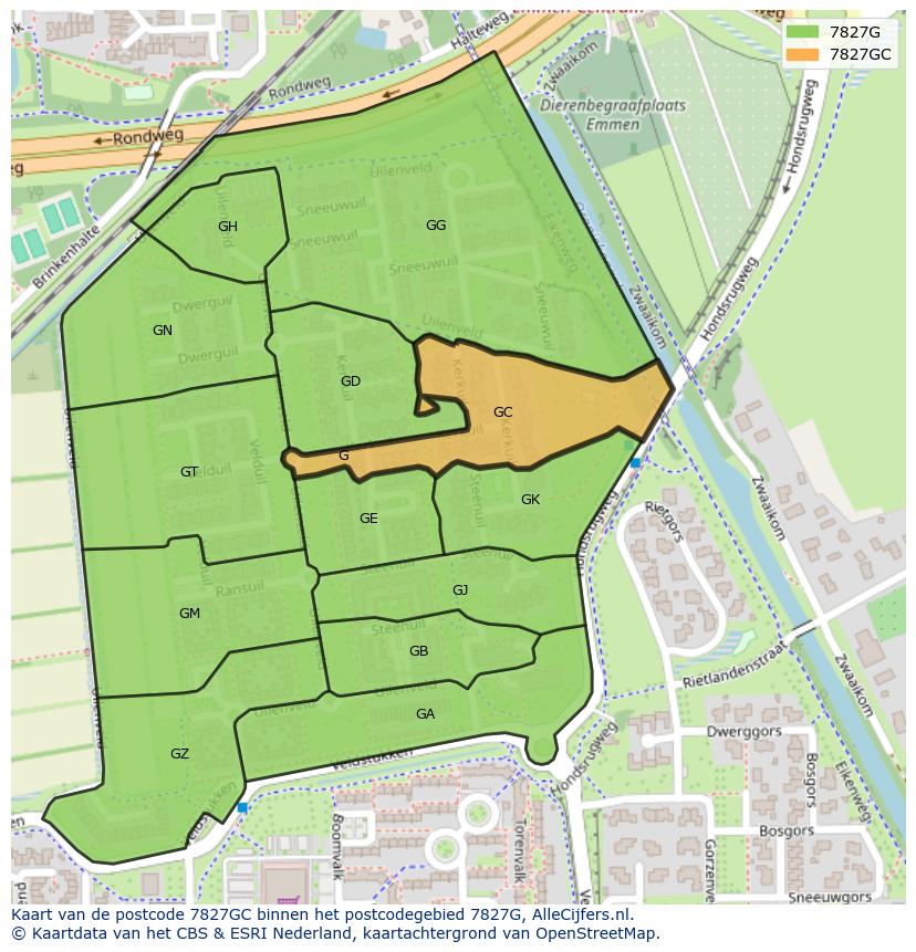 Afbeelding van het postcodegebied 7827 GC op de kaart.