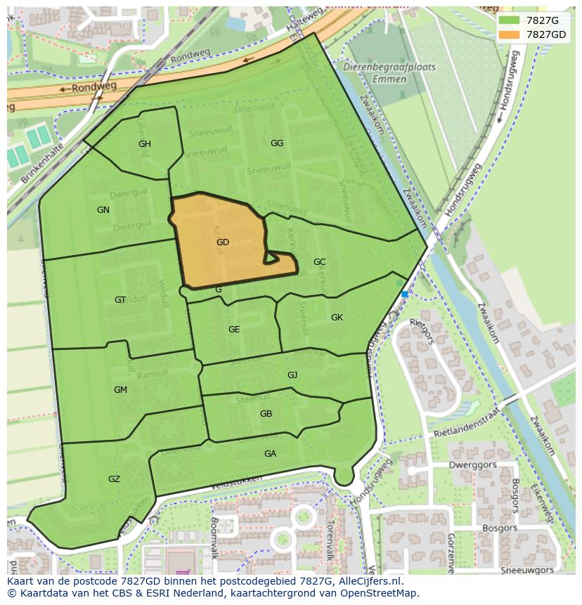 Afbeelding van het postcodegebied 7827 GD op de kaart.