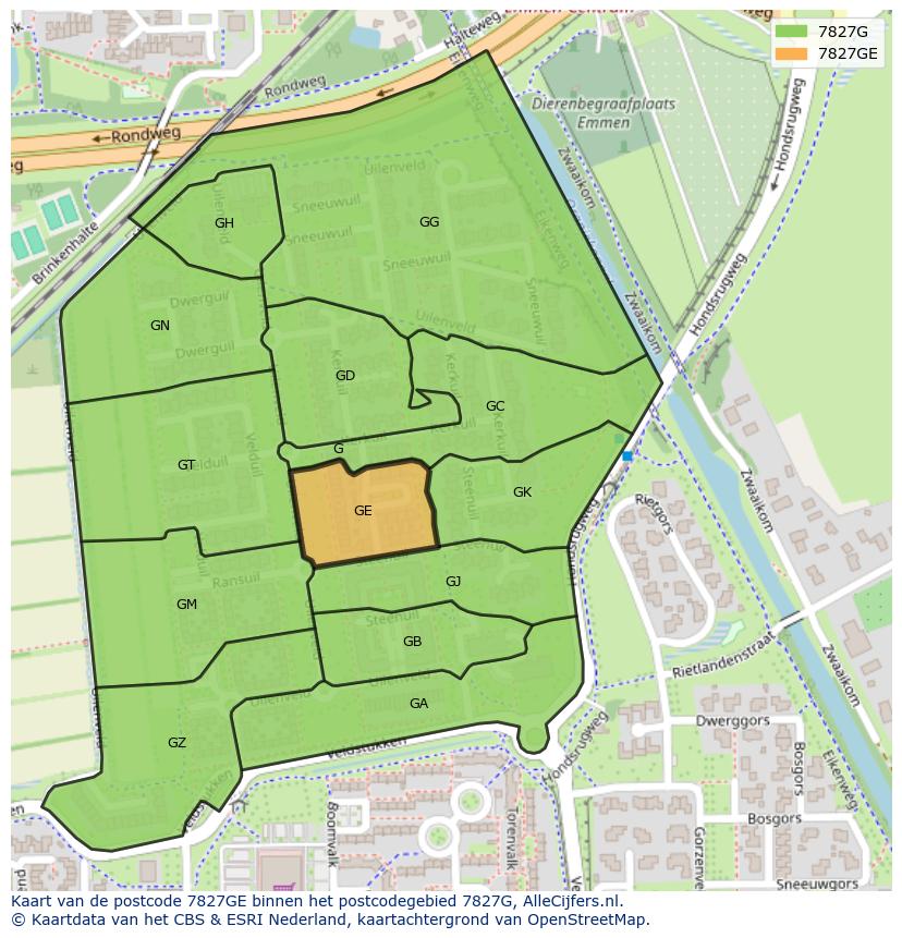 Afbeelding van het postcodegebied 7827 GE op de kaart.