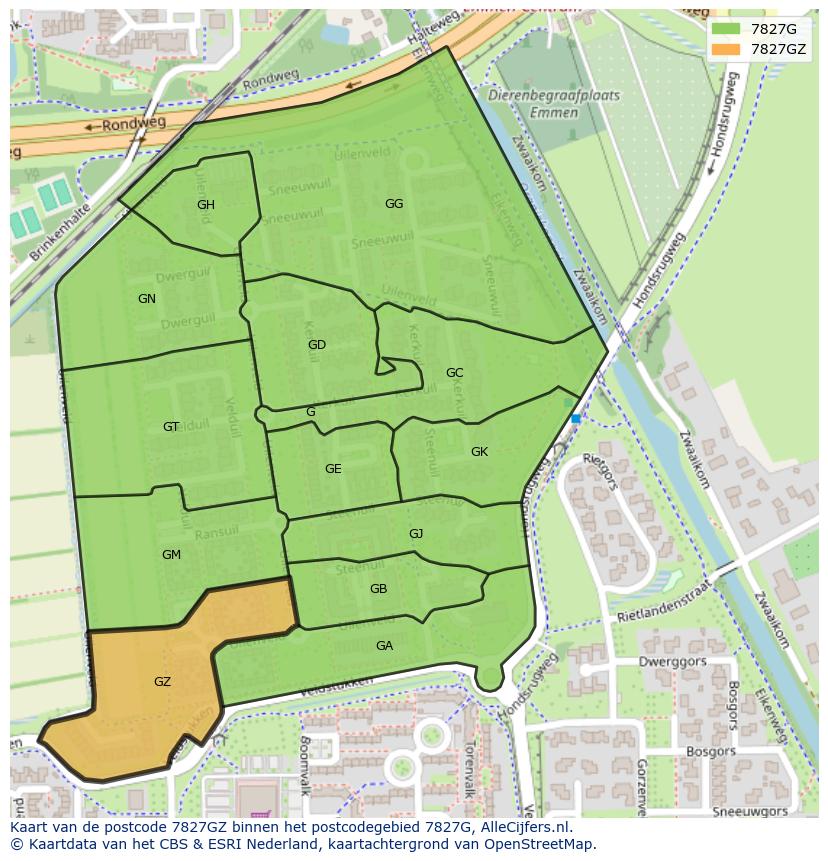 Afbeelding van het postcodegebied 7827 GZ op de kaart.