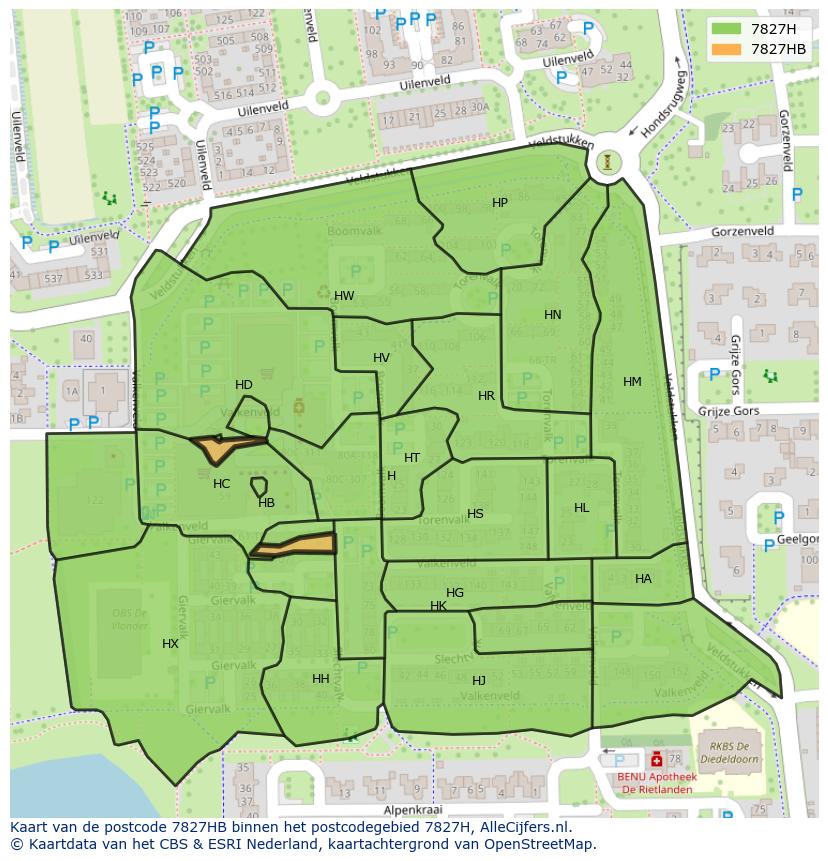 Afbeelding van het postcodegebied 7827 HB op de kaart.