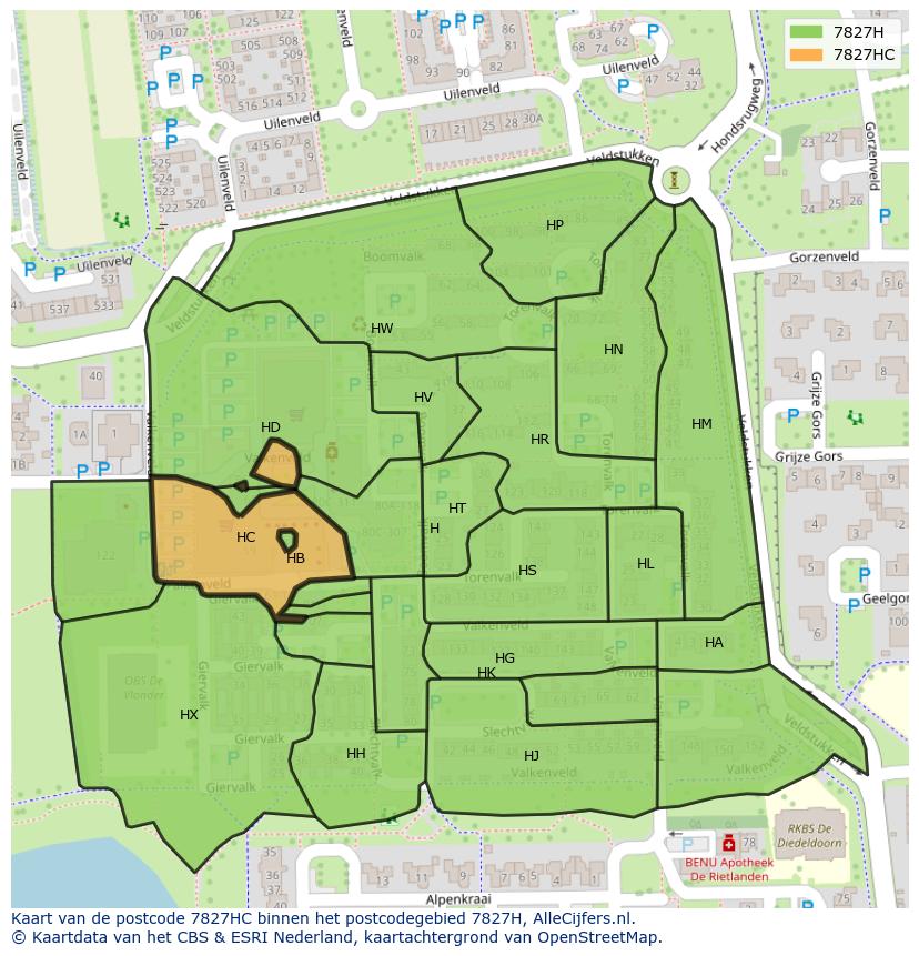 Afbeelding van het postcodegebied 7827 HC op de kaart.