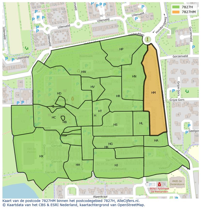 Afbeelding van het postcodegebied 7827 HM op de kaart.