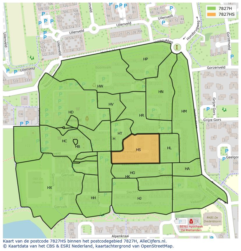 Afbeelding van het postcodegebied 7827 HS op de kaart.