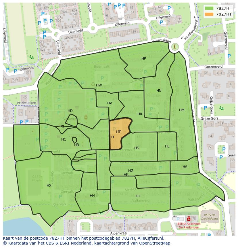 Afbeelding van het postcodegebied 7827 HT op de kaart.
