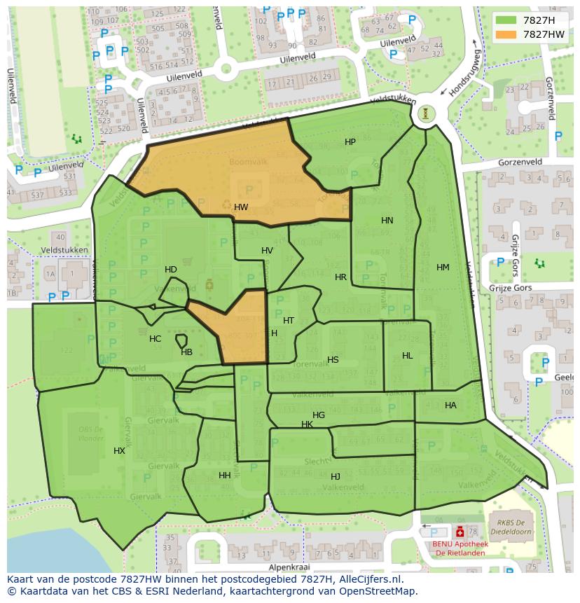 Afbeelding van het postcodegebied 7827 HW op de kaart.