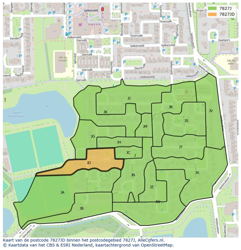 Afbeelding van het postcodegebied 7827 JD op de kaart.