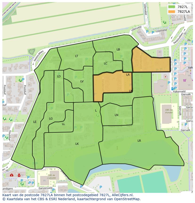 Afbeelding van het postcodegebied 7827 LA op de kaart.