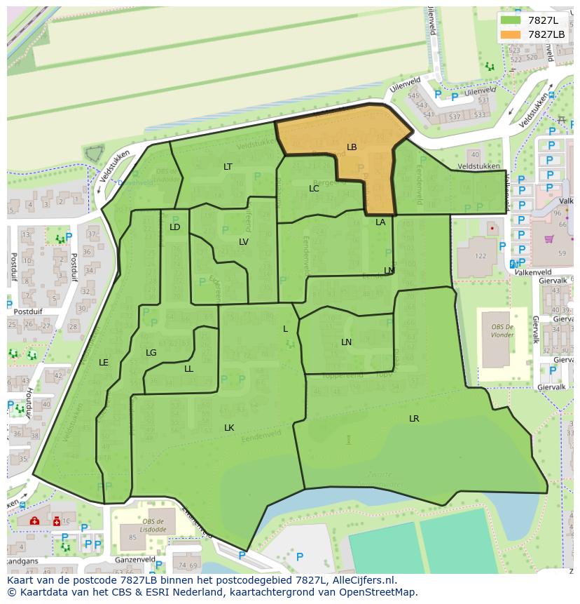 Afbeelding van het postcodegebied 7827 LB op de kaart.
