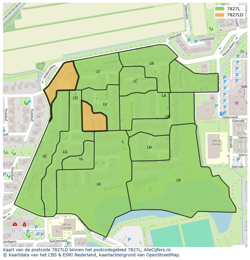 Afbeelding van het postcodegebied 7827 LD op de kaart.