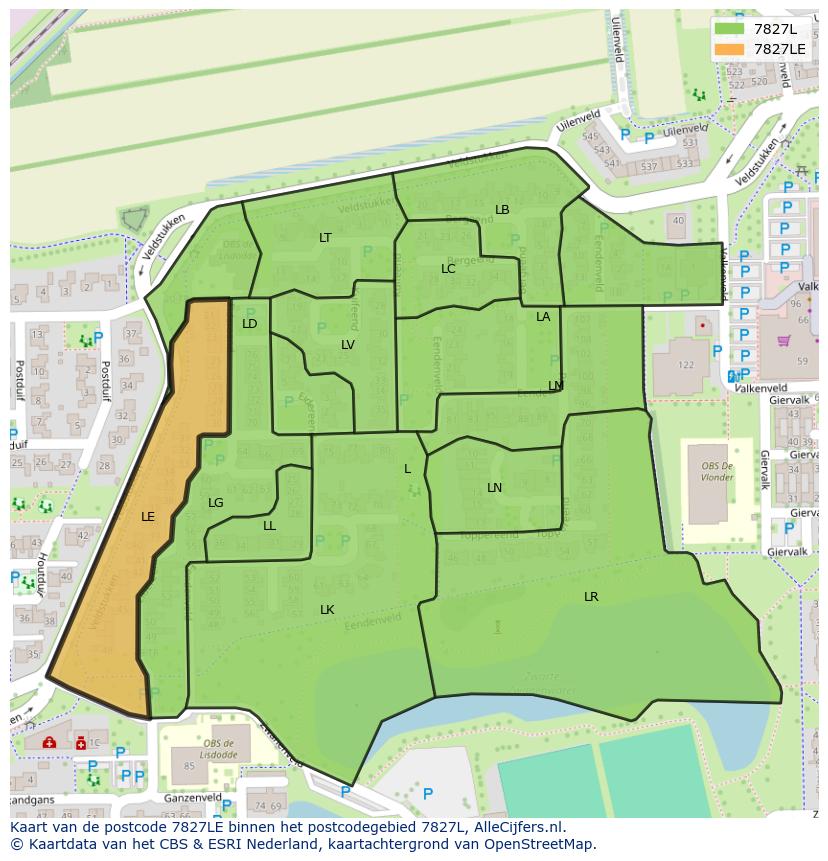 Afbeelding van het postcodegebied 7827 LE op de kaart.