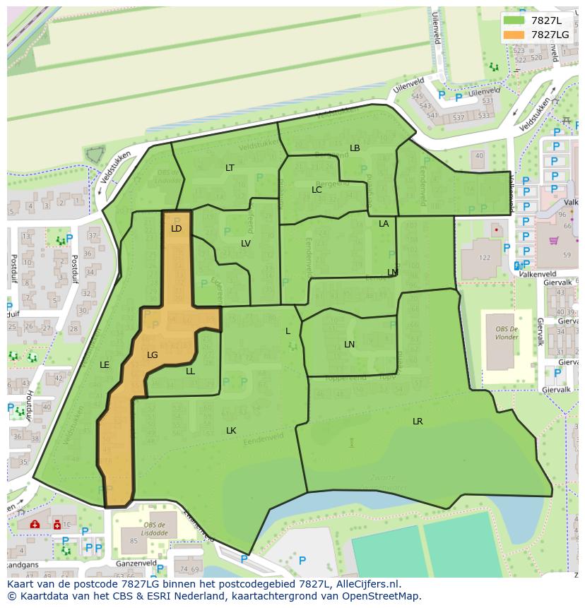 Afbeelding van het postcodegebied 7827 LG op de kaart.
