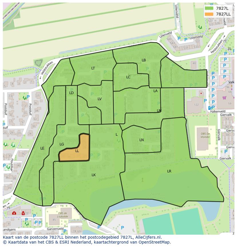 Afbeelding van het postcodegebied 7827 LL op de kaart.