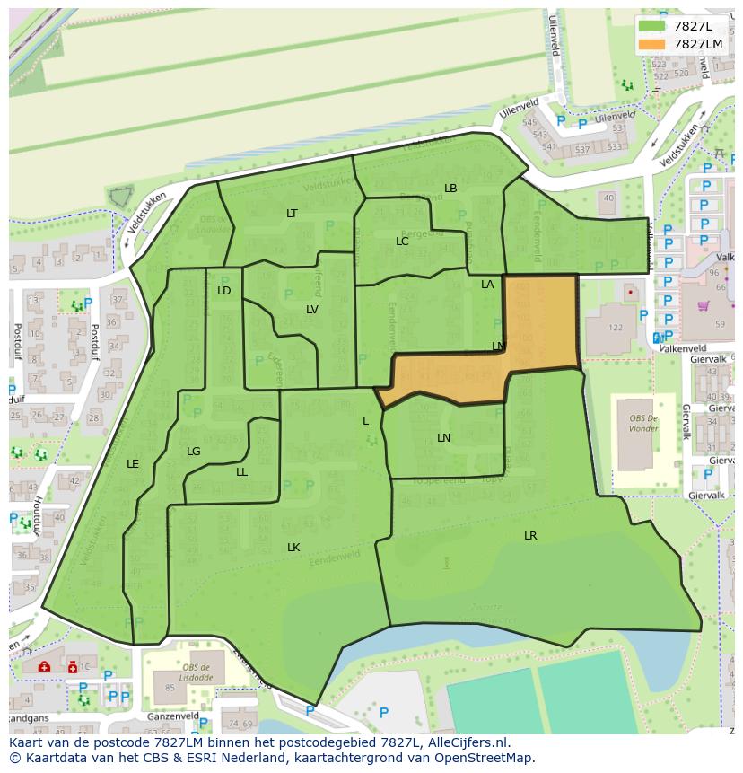 Afbeelding van het postcodegebied 7827 LM op de kaart.