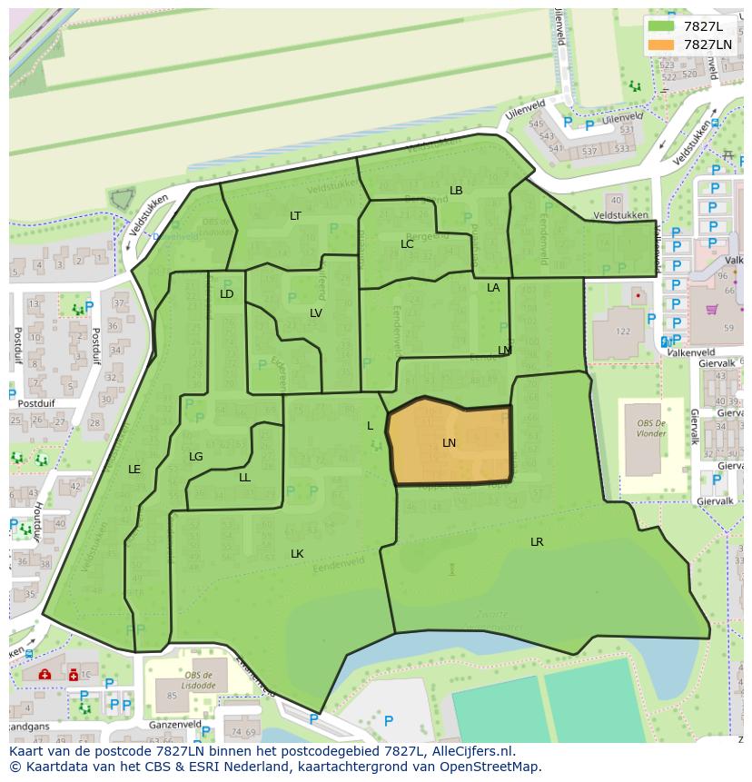 Afbeelding van het postcodegebied 7827 LN op de kaart.
