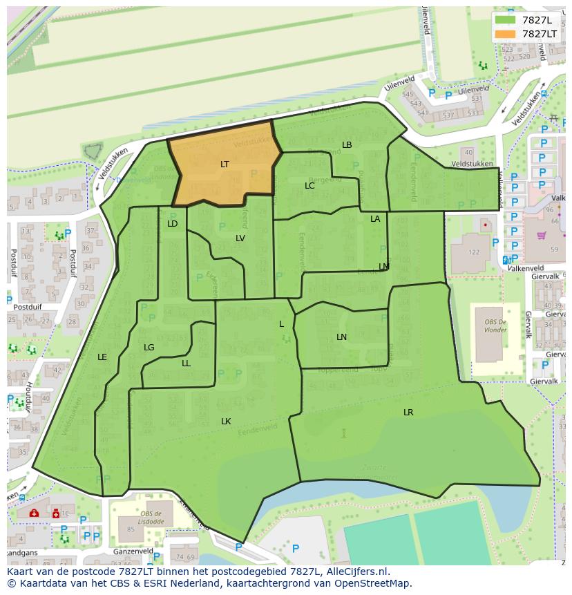 Afbeelding van het postcodegebied 7827 LT op de kaart.
