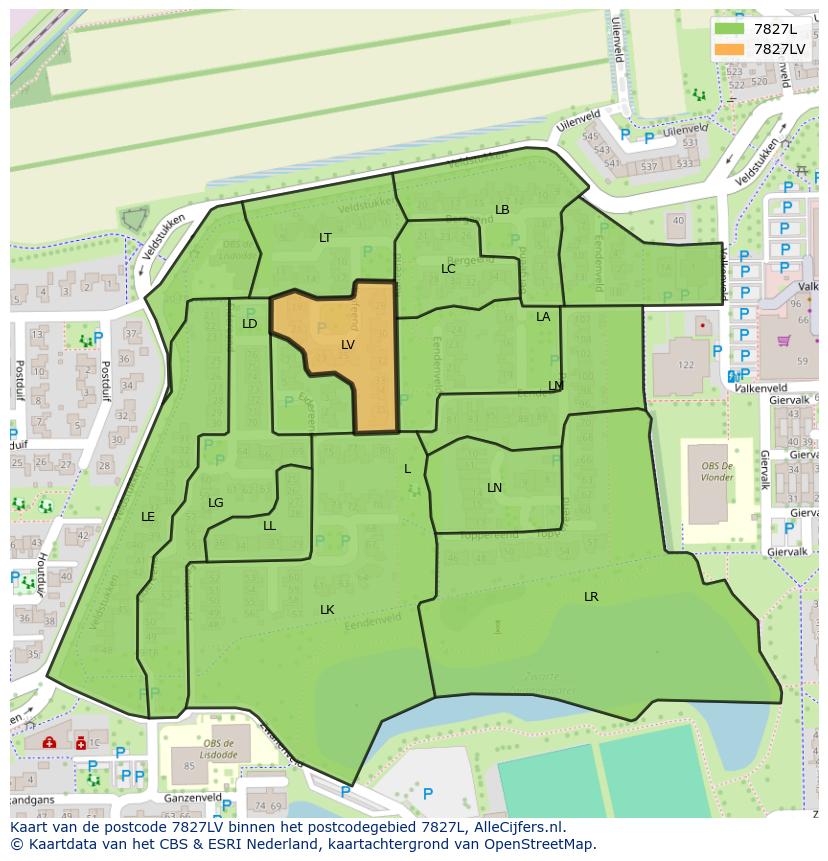 Afbeelding van het postcodegebied 7827 LV op de kaart.