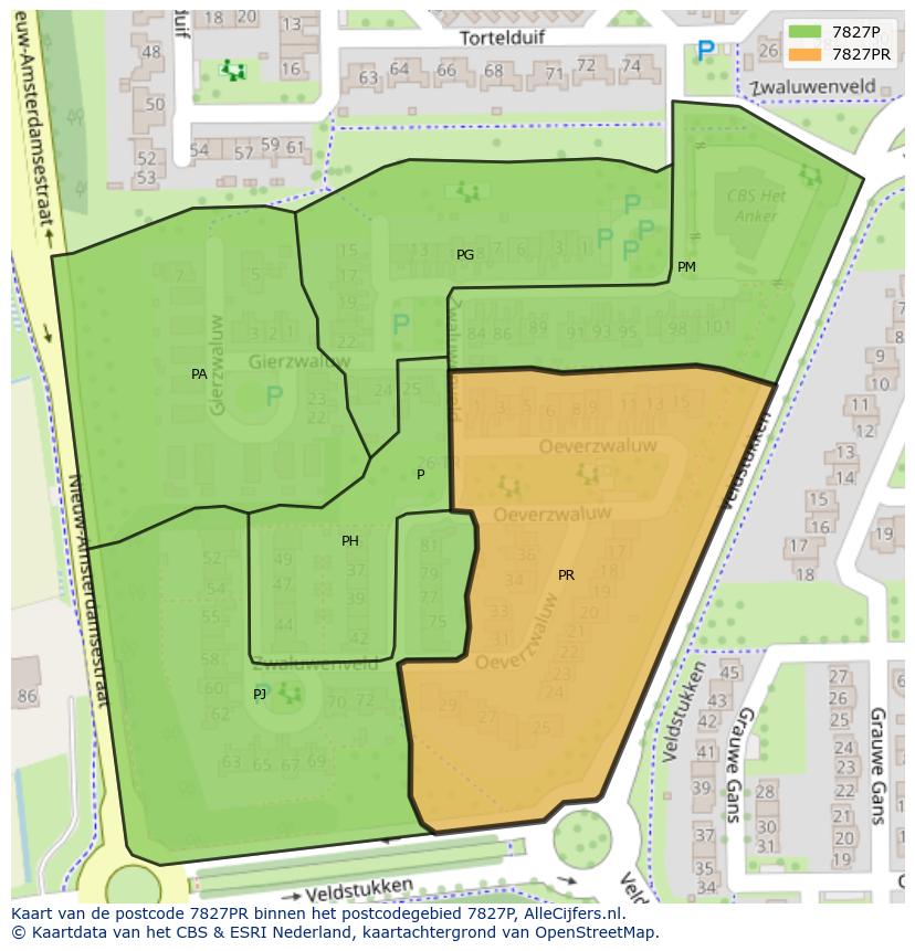 Afbeelding van het postcodegebied 7827 PR op de kaart.