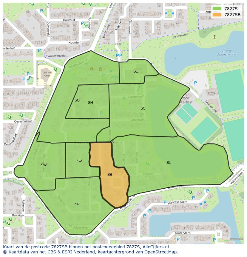 Afbeelding van het postcodegebied 7827 SB op de kaart.