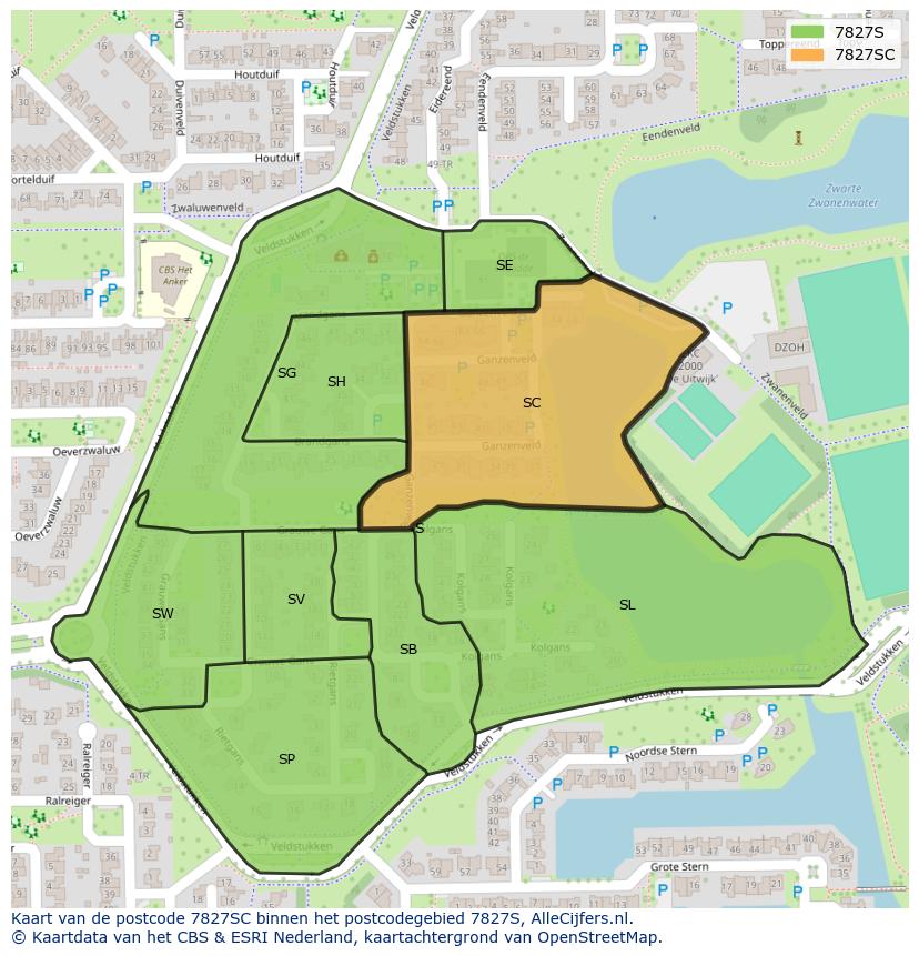 Afbeelding van het postcodegebied 7827 SC op de kaart.