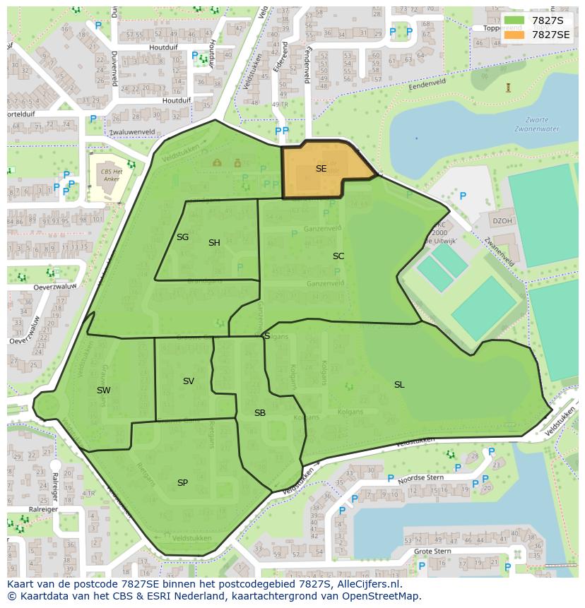 Afbeelding van het postcodegebied 7827 SE op de kaart.