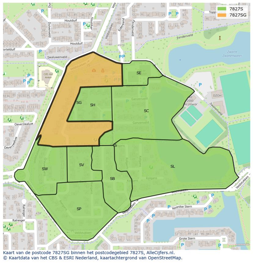 Afbeelding van het postcodegebied 7827 SG op de kaart.