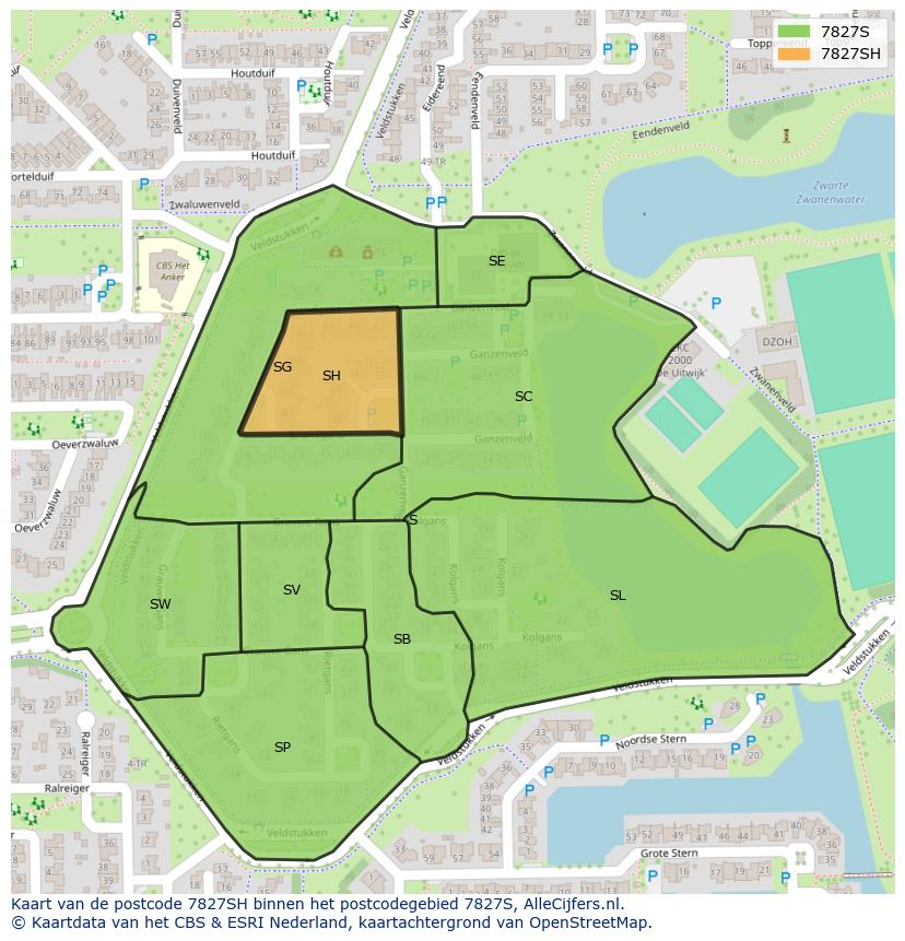 Afbeelding van het postcodegebied 7827 SH op de kaart.
