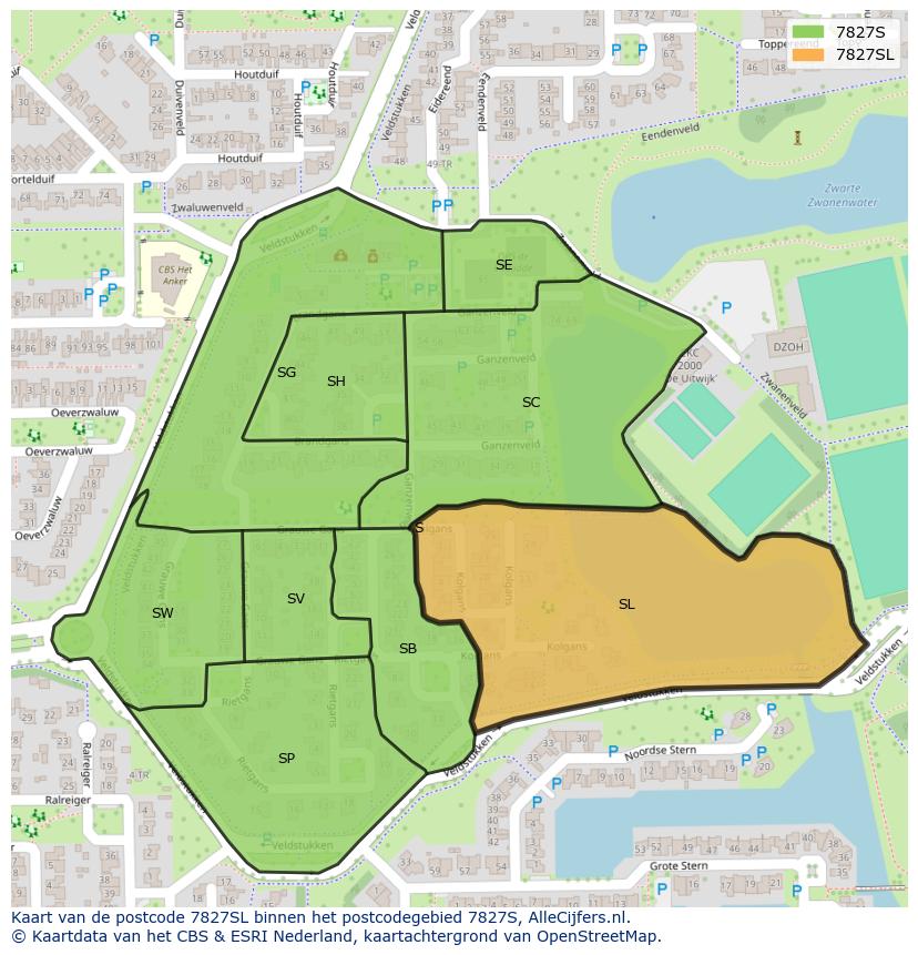 Afbeelding van het postcodegebied 7827 SL op de kaart.