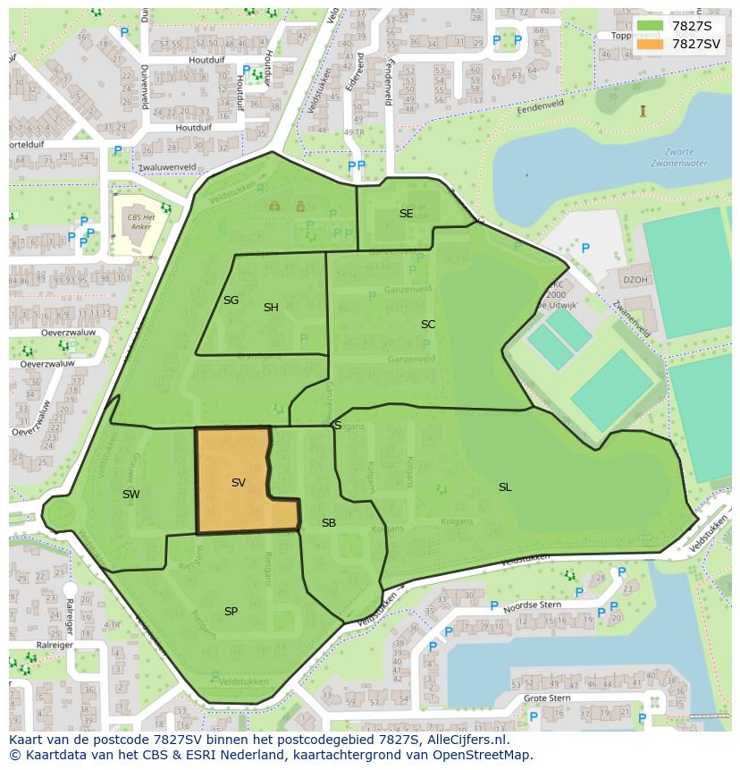 Afbeelding van het postcodegebied 7827 SV op de kaart.