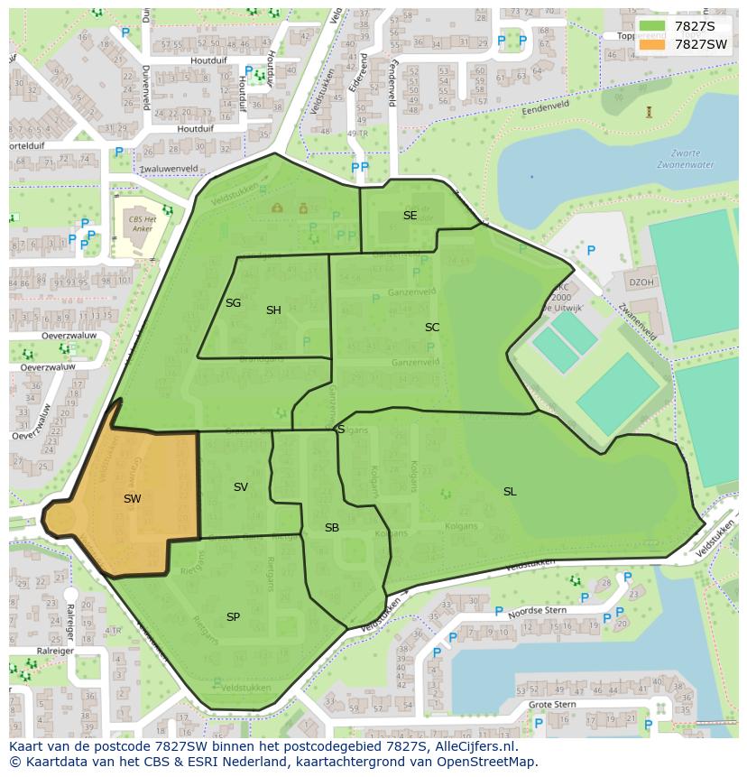Afbeelding van het postcodegebied 7827 SW op de kaart.