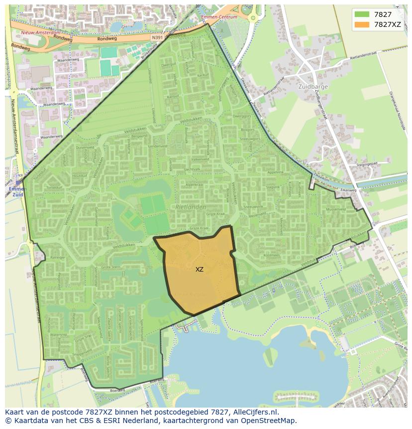 Afbeelding van het postcodegebied 7827 XZ op de kaart.