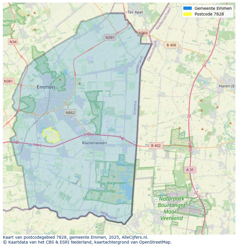 Afbeelding van het postcodegebied 7828 op de kaart.