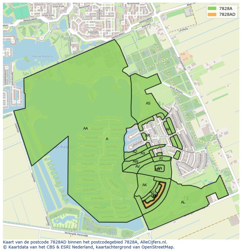 Afbeelding van het postcodegebied 7828 AD op de kaart.