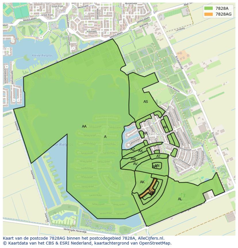 Afbeelding van het postcodegebied 7828 AG op de kaart.