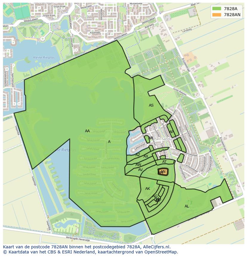 Afbeelding van het postcodegebied 7828 AN op de kaart.