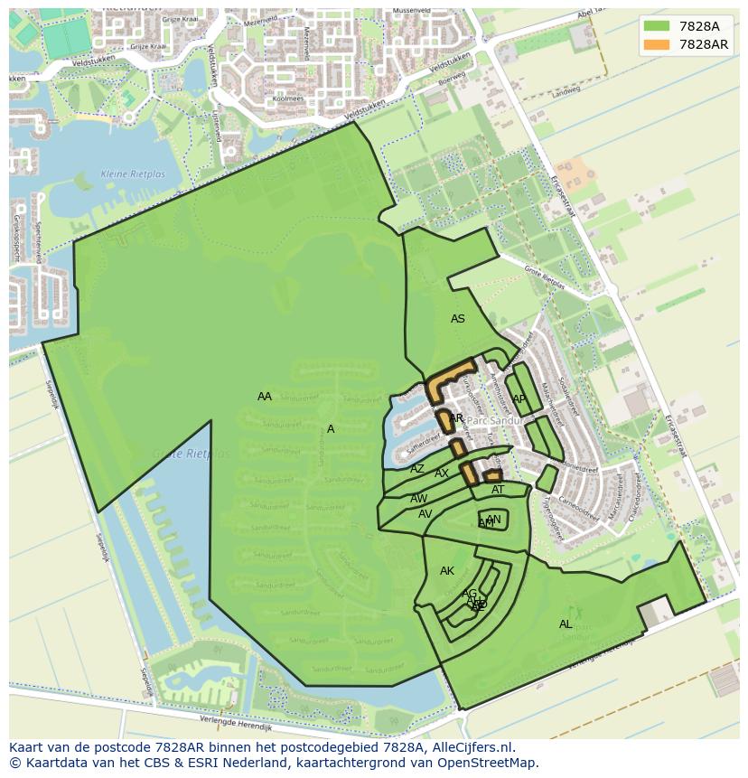 Afbeelding van het postcodegebied 7828 AR op de kaart.