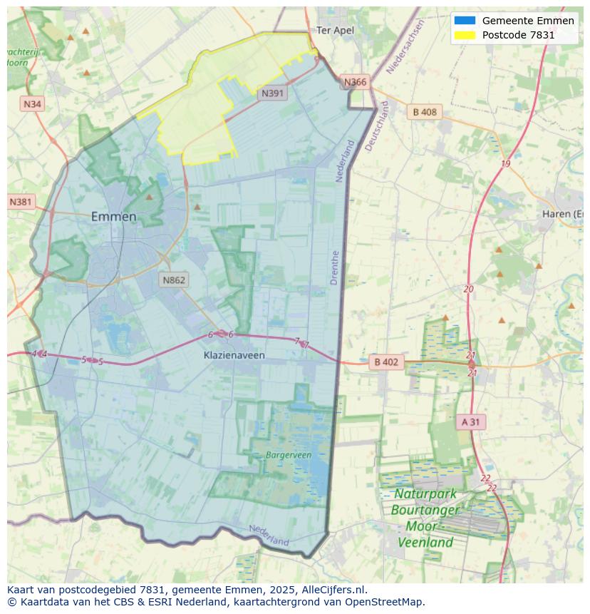 Afbeelding van het postcodegebied 7831 op de kaart.