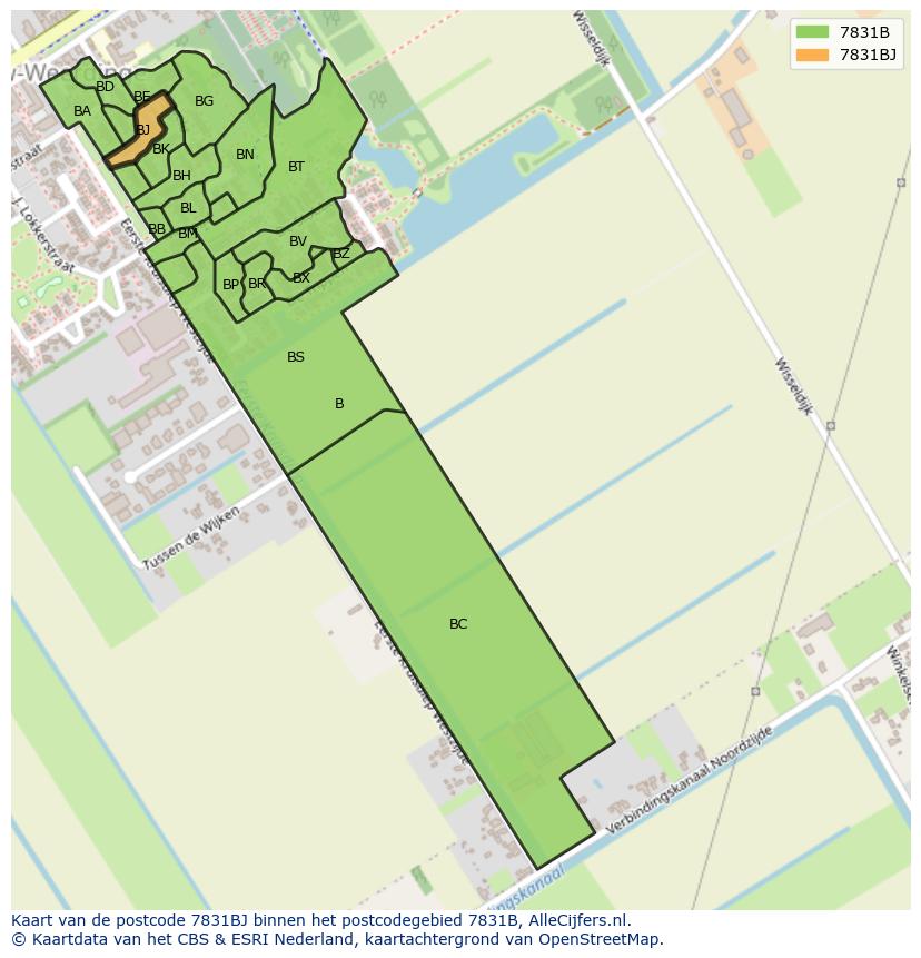 Afbeelding van het postcodegebied 7831 BJ op de kaart.