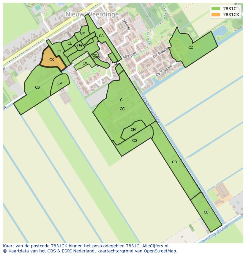 Afbeelding van het postcodegebied 7831 CK op de kaart.