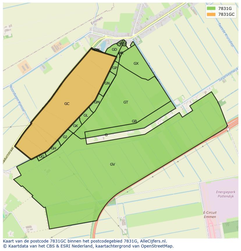 Afbeelding van het postcodegebied 7831 GC op de kaart.